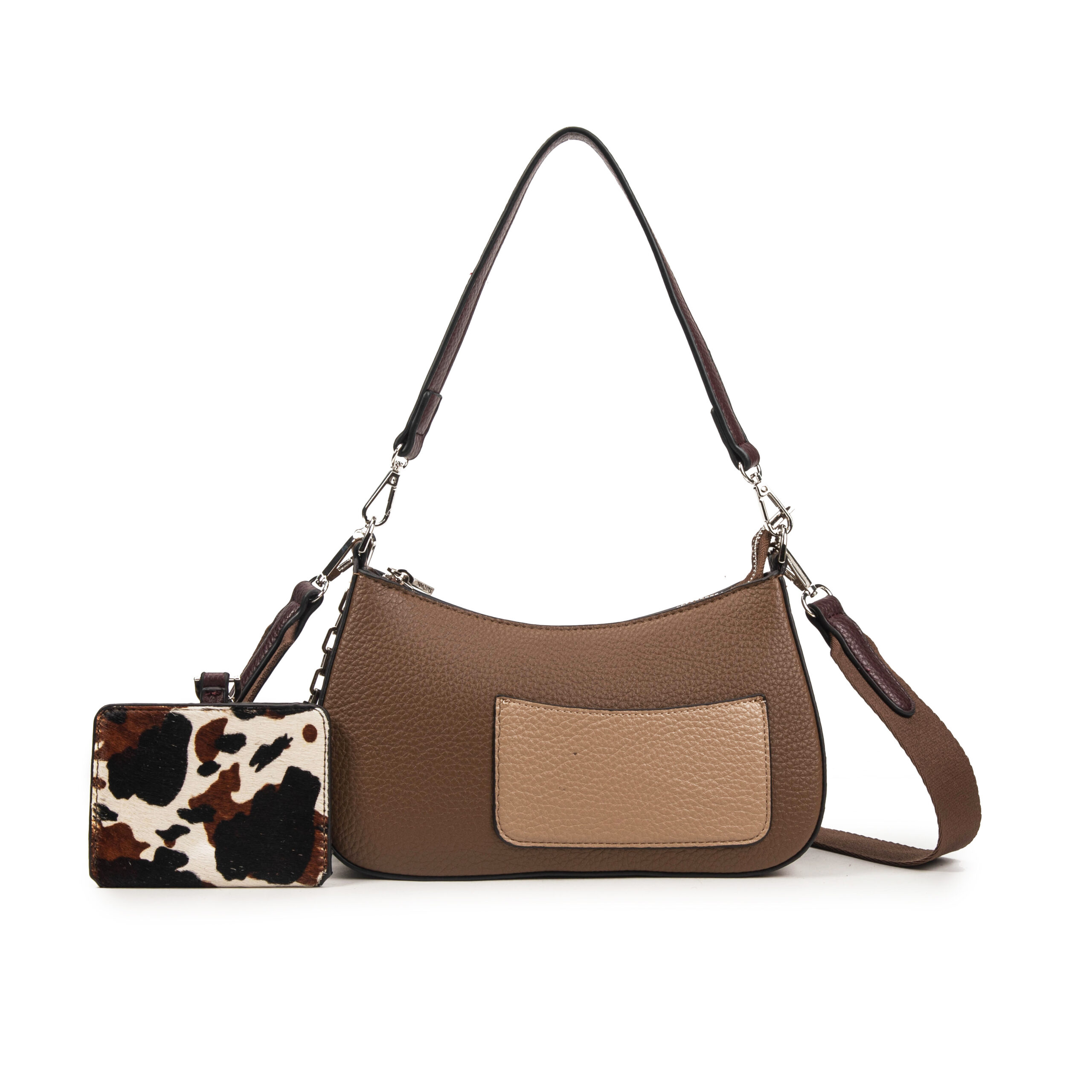 BOLSO BANDOLERO CON TARJETERO ESTAMPADO DE VACA